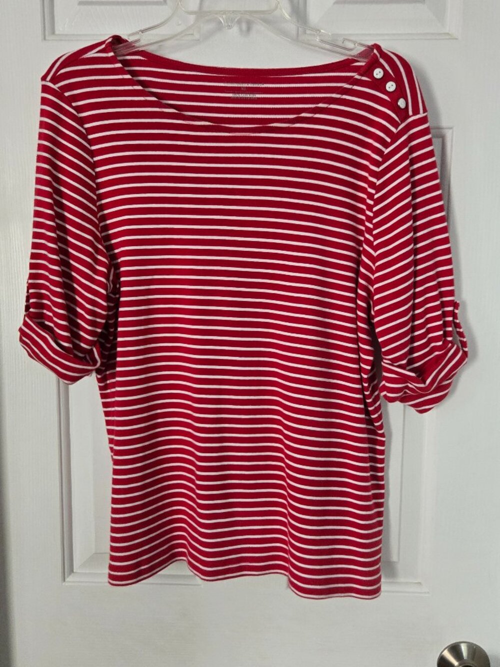 WOMAN'S XL-CHRISTOPHER & BANKS-RED & WHITE STRIPES-PULL OVER COTTON SHIRT